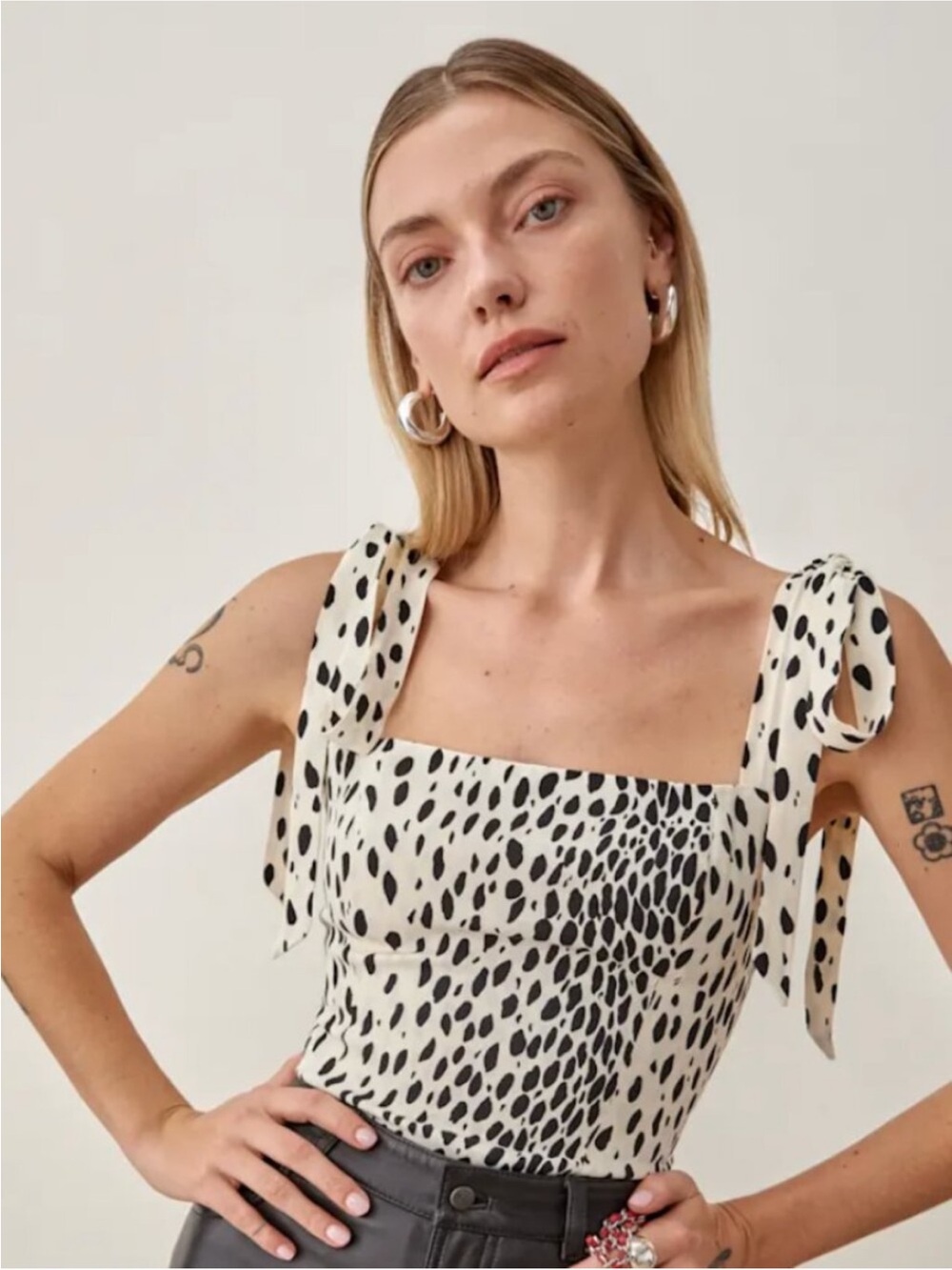 Reformation Ellora Top with Tie-Shoulder Square Neck Animal Print